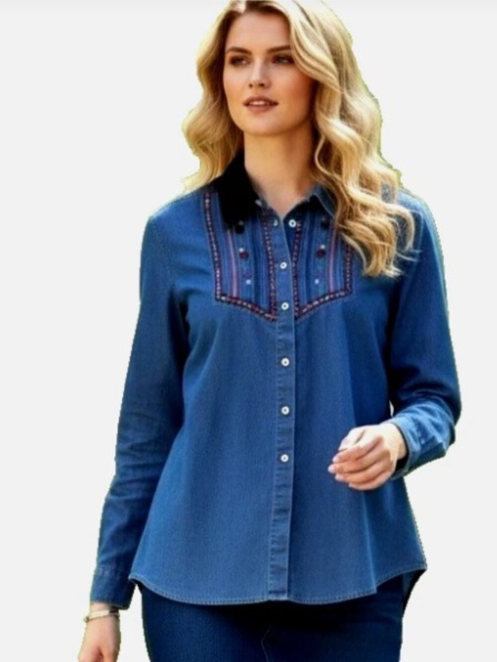 Denim tunic 20W Button front top relaxed fit embroidered details